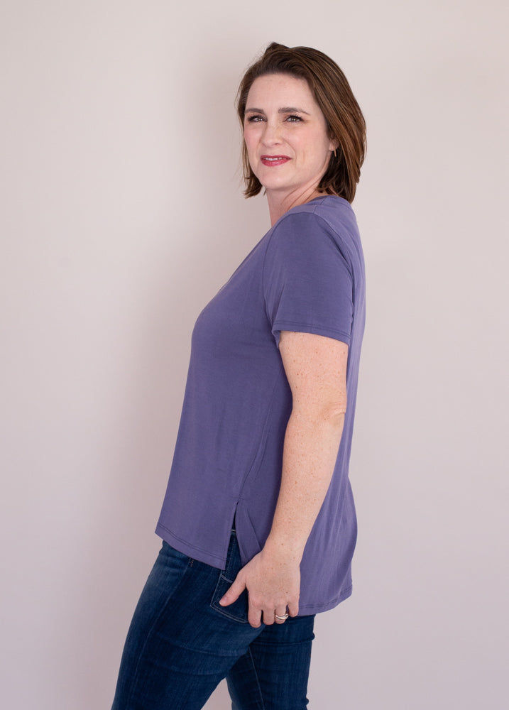 Periwinkle blue T-shirt in silky soft modal fabric with V-neck and side slits