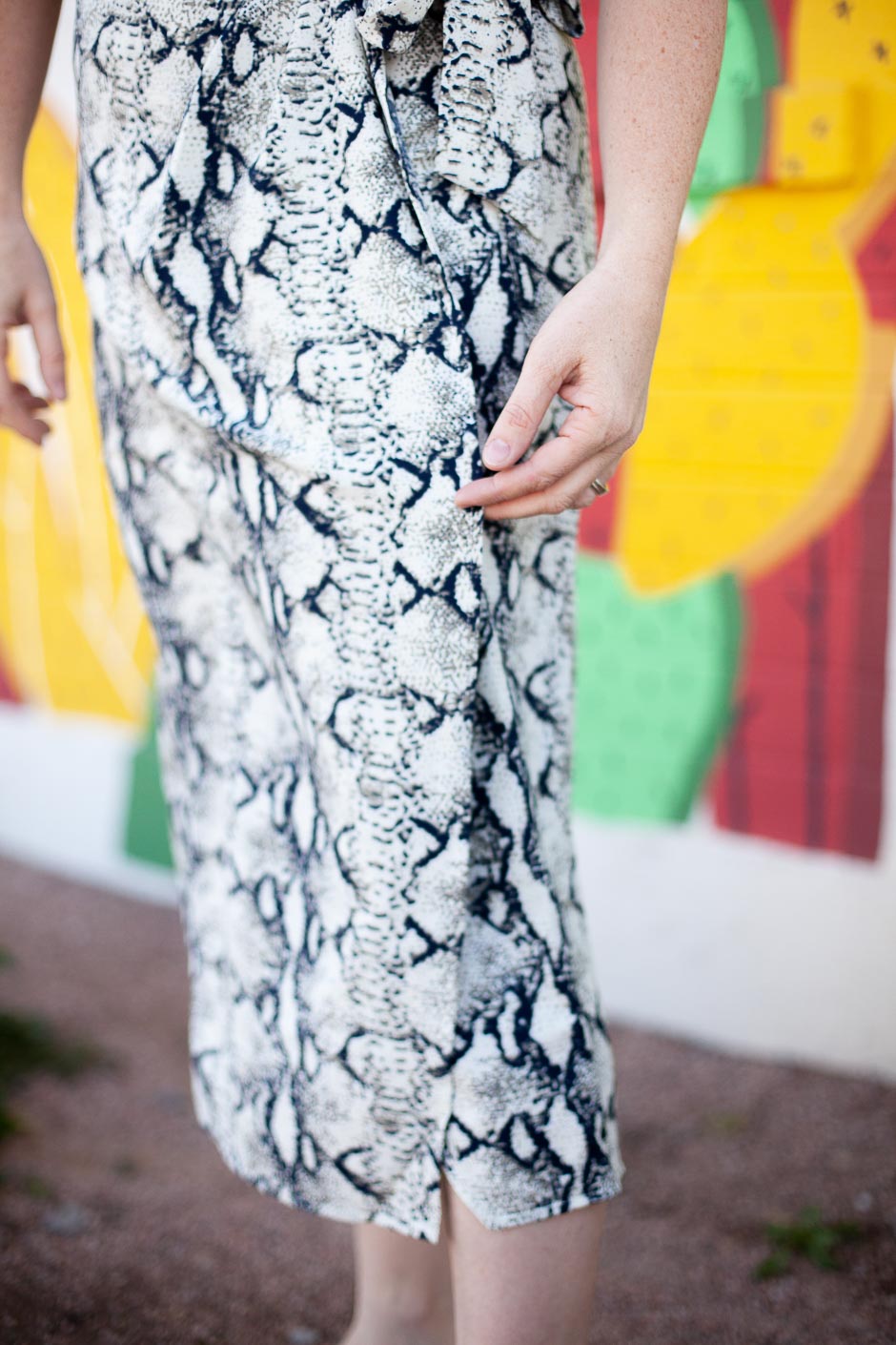 Snake print wrap skirt, midi length with a waist tie